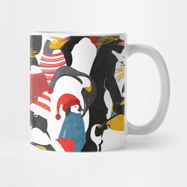 Merry penguins // pattern // black white grey dark teal yellow and coral type species of penguins red dressed for winter and Christmas season (King, African, Emperor, Gentoo, Galápagos, Macaroni, Adèlie, Rockhopper, Yellow-eyed, Chinstrap) by SelmaCardoso